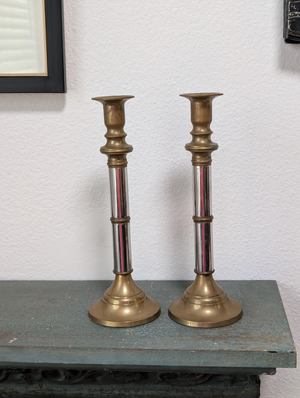 Vintage Set of 2 Brass Chrome Candlestick Holders 10” each The Import Collection